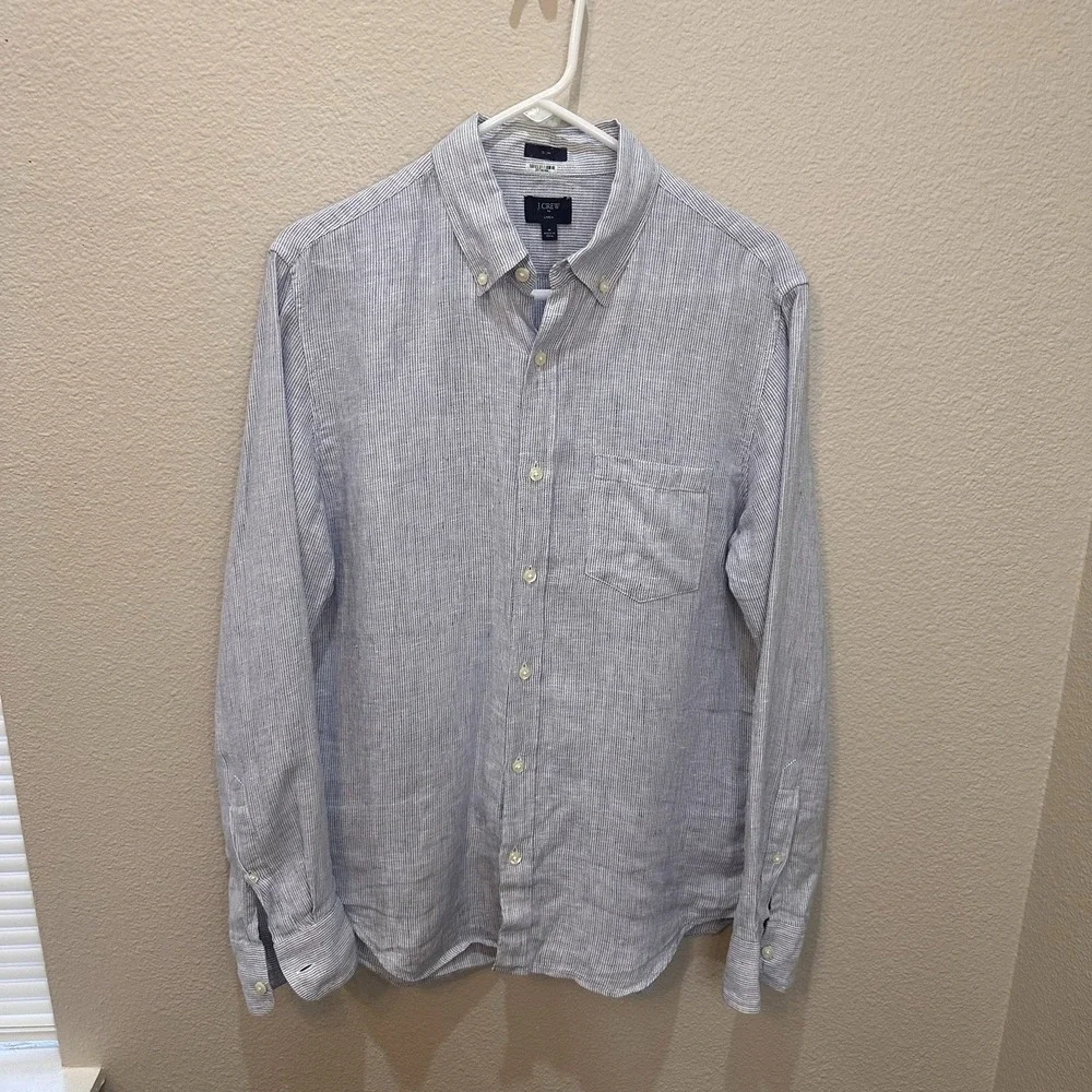 J Crew Mens Blue Striped Slim Fit Linen Long Sleeve Button Down Shirt M Preppy